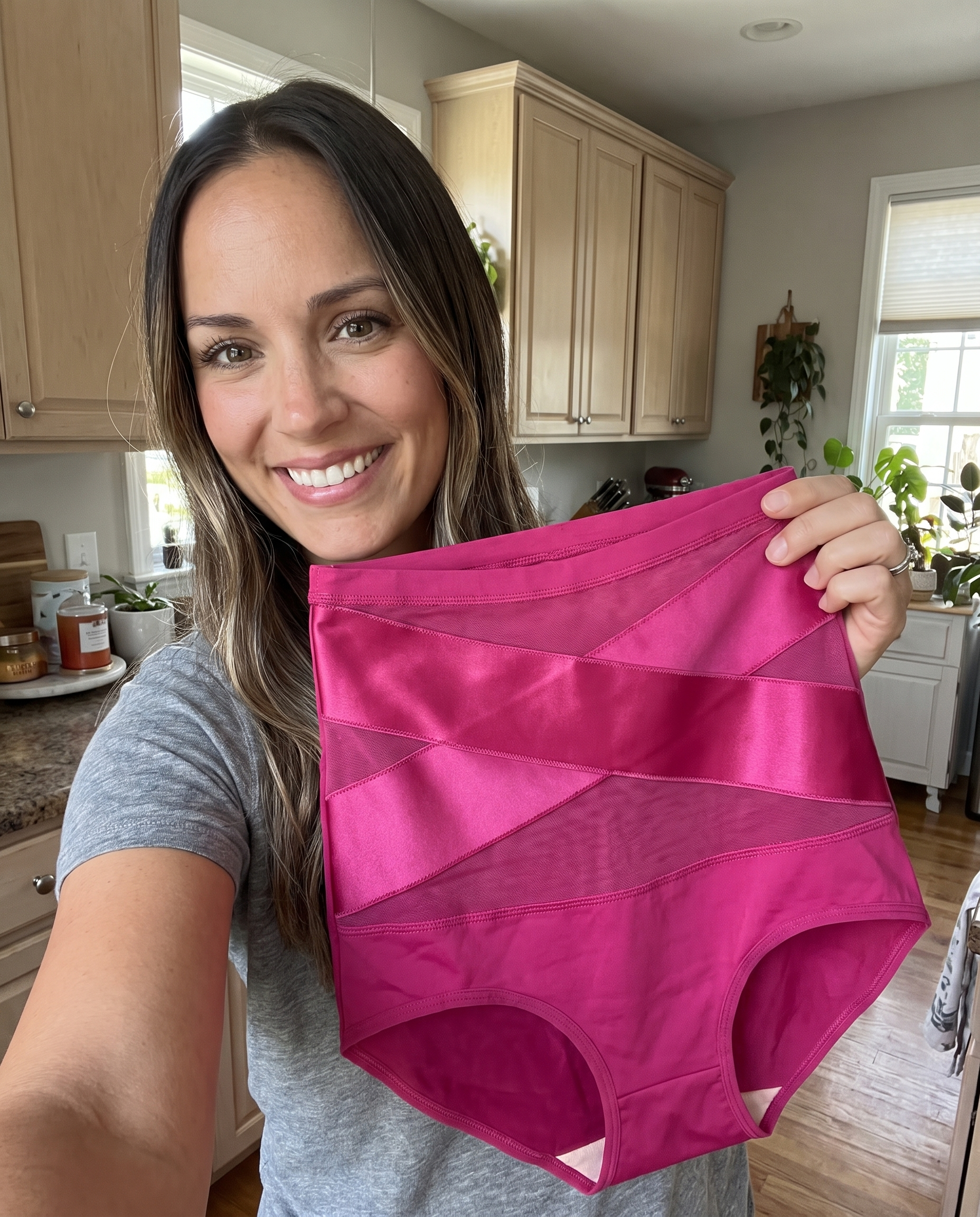 Sarah K. with her Saybeam Sculpt Brief in hand, postpartum midsection held smooth