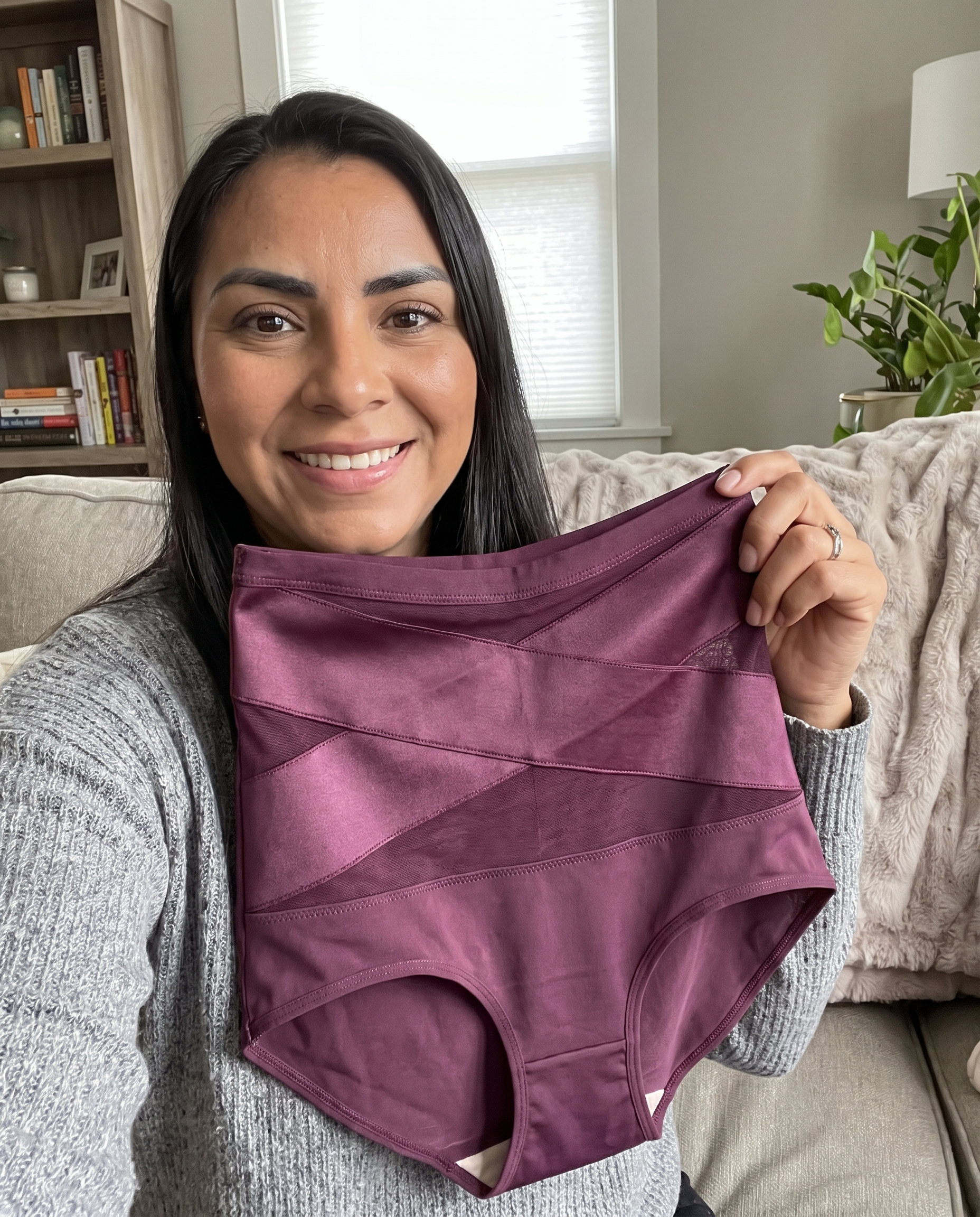 Smiling mother wearing the Saybeam Sculpt Brief, a high-waist 360 degree postpartum shaping brief